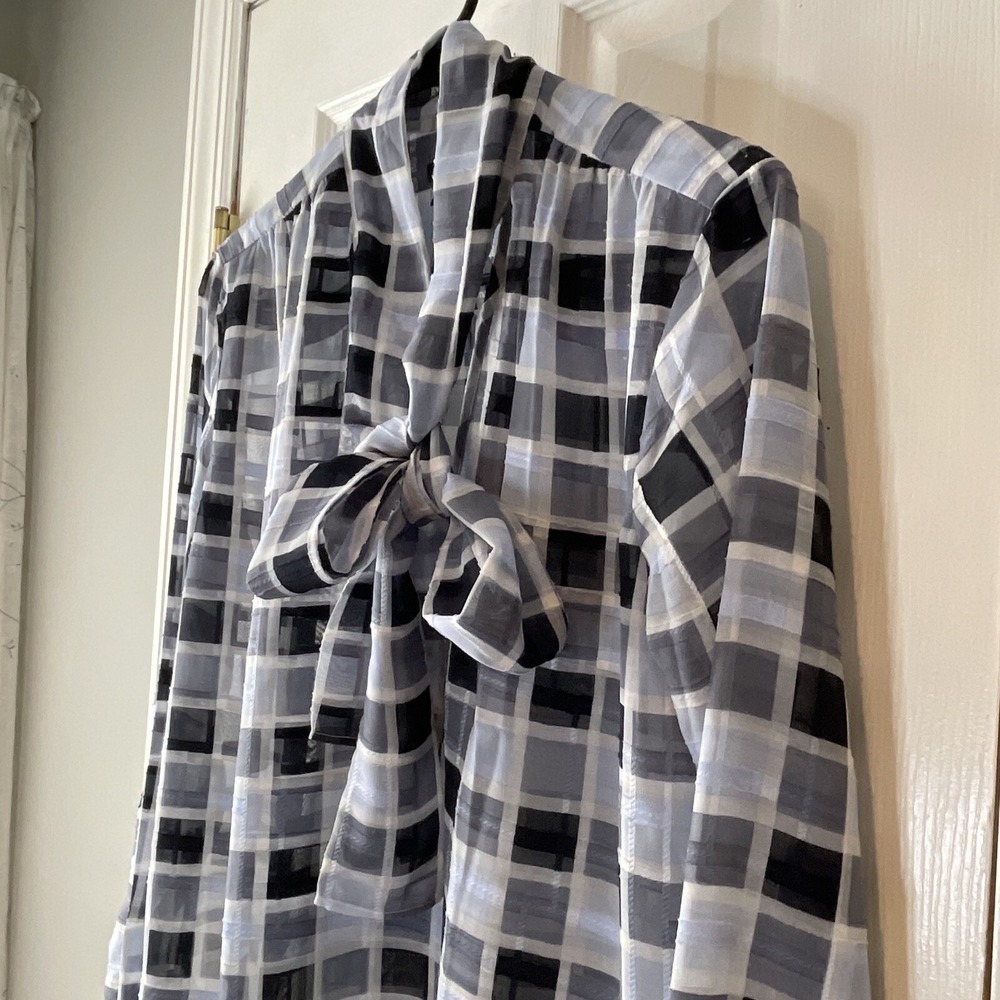 Ann Taylor Sheer Blouse Small Blue Plaid Tie Neck Long Sleeve Office Workwear - Picture 16 of 16